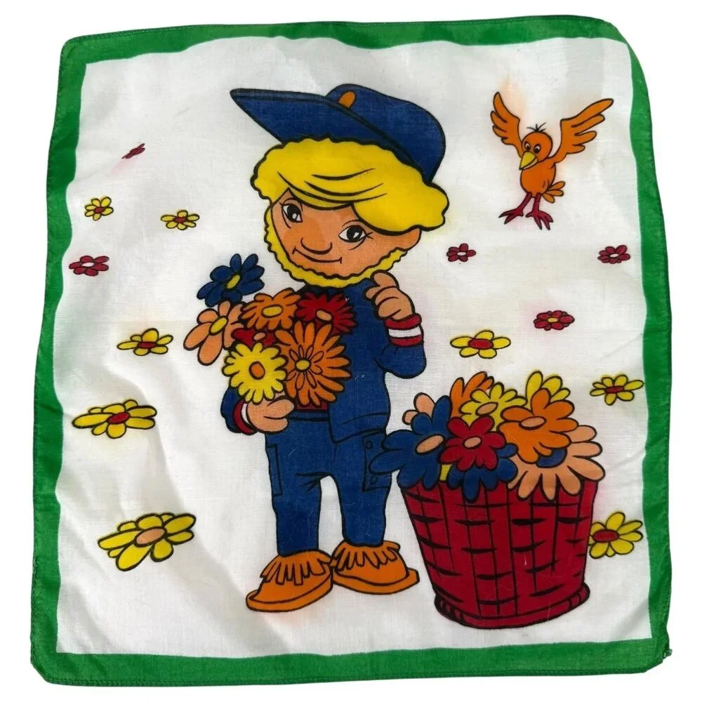 Vintage German Childrens Handkerchiefs Boy Set Of 2 Green Borders Cotton‎ Blend